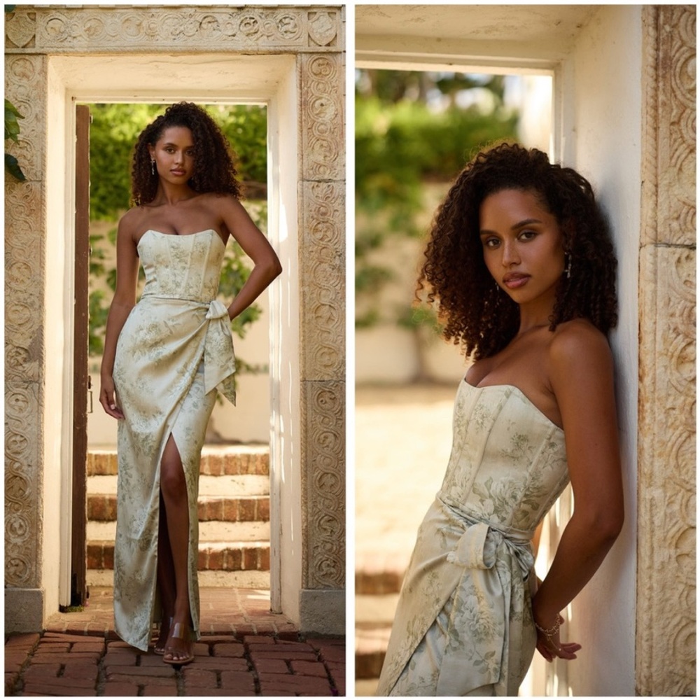 V Chapman The June Dress Sage Tapestry Sz 8 Floral Green Maxi Strapless Corset